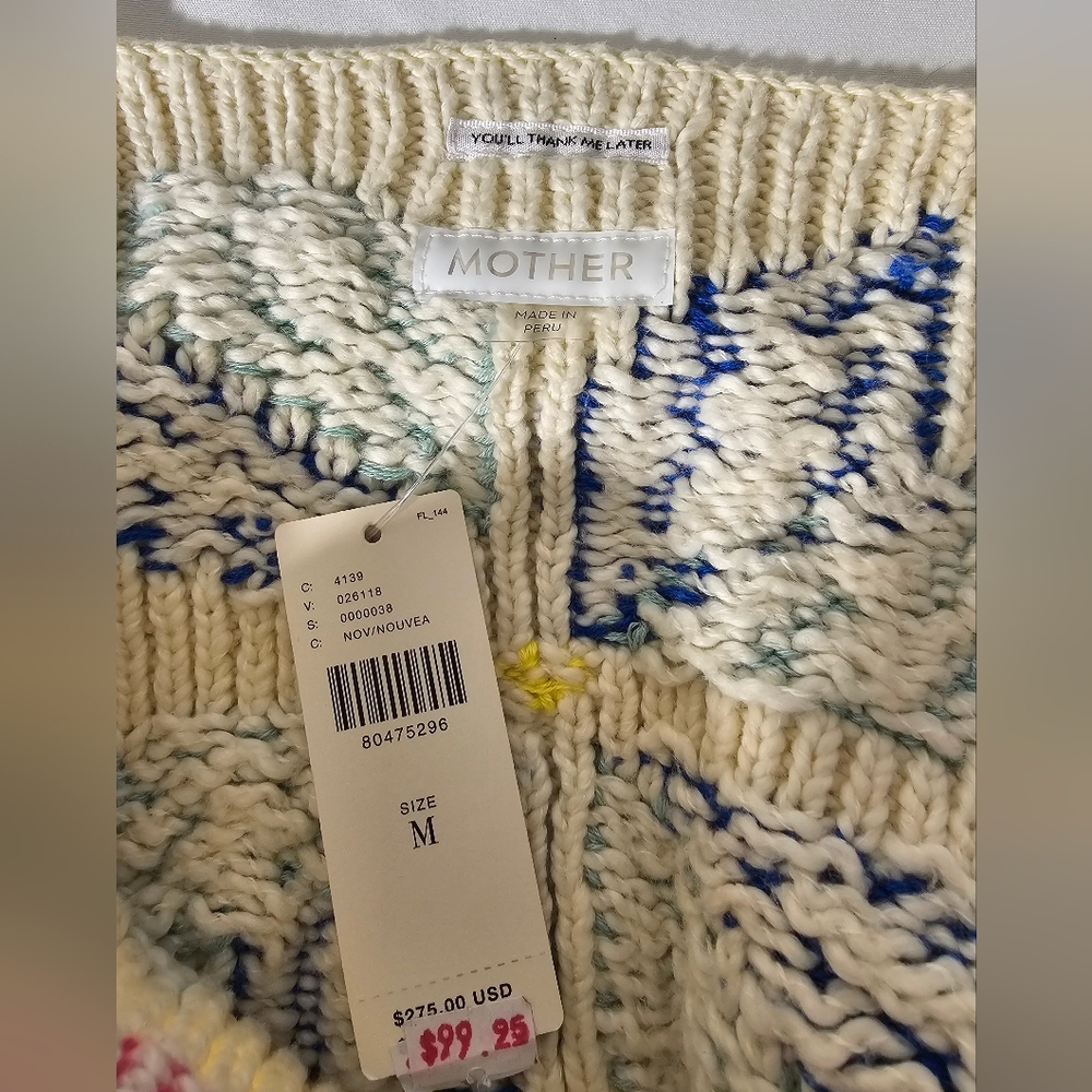 MOTHER  NWT Cream Knit Tank with Blue and Pink Design Sz M - Picture 8 of 9